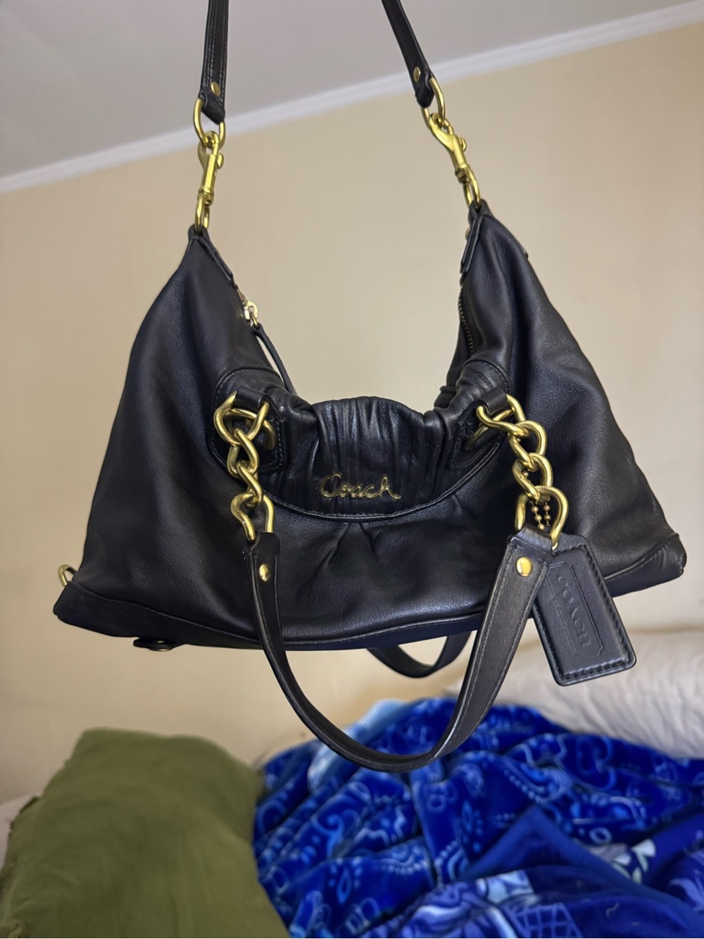 Coach Ashley Black Leather Shoulder Bag with Gold-Tone Chain Accents